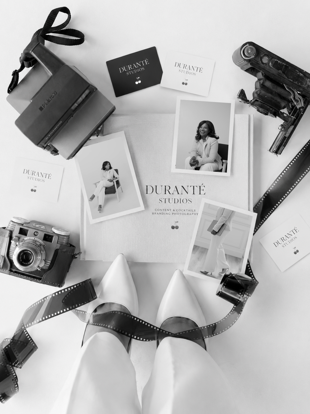 Branding photography flat lay with creative materials and business content arranged on a table