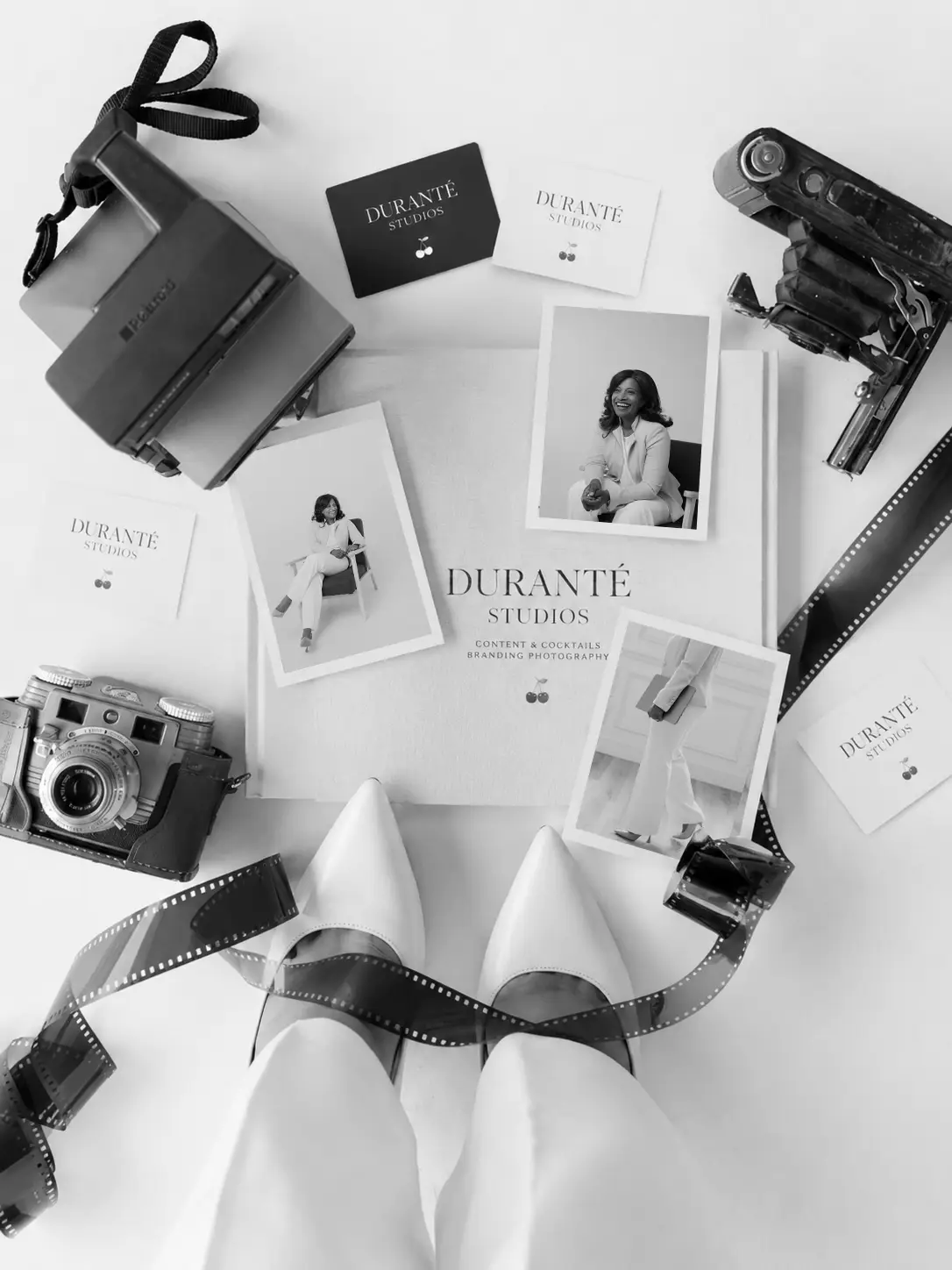Branding photography flat lay with creative materials and business content arranged on a table