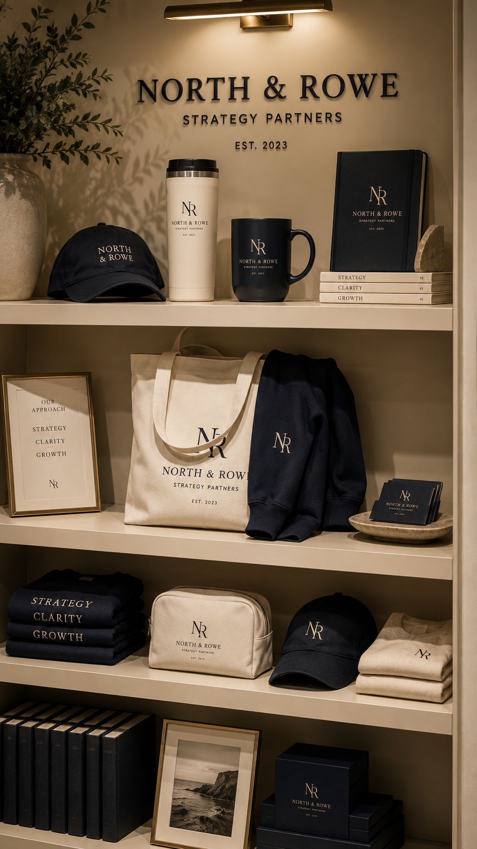 Curated shelf of branded apparel, drinkware, bags and custom merchandise designed for a cohesive brand experience