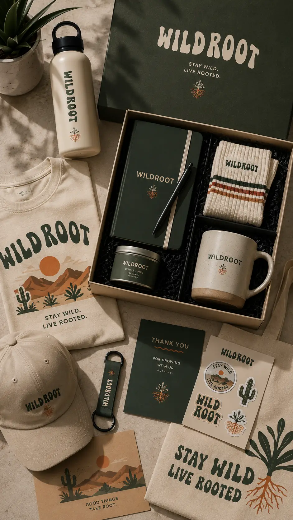 Curated Wildroot branded gift box with apparel, mug, notebook, socks and custom merchandise