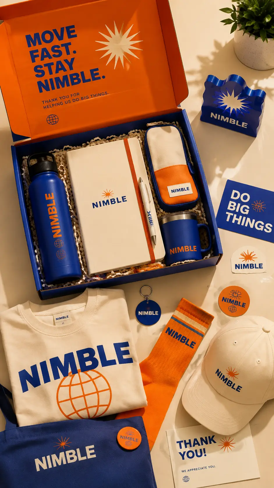 Bright custom Nimble gift box with branded drinkware, notebook, socks, accessories and promotional items