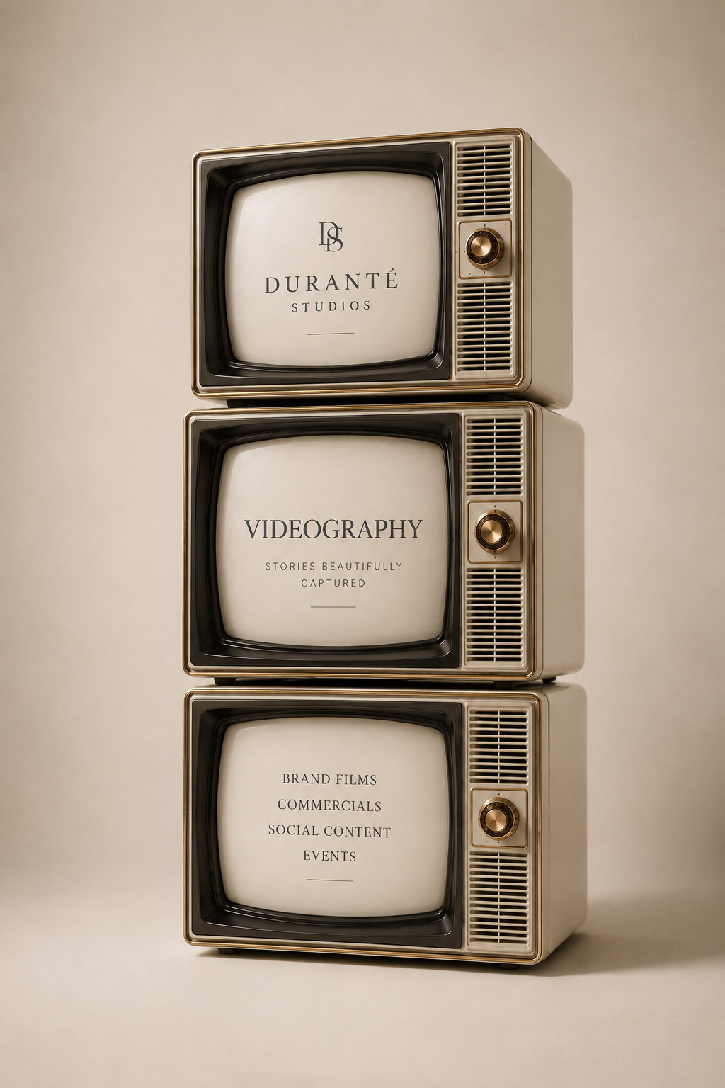 Three vintage television screens displaying branded video content