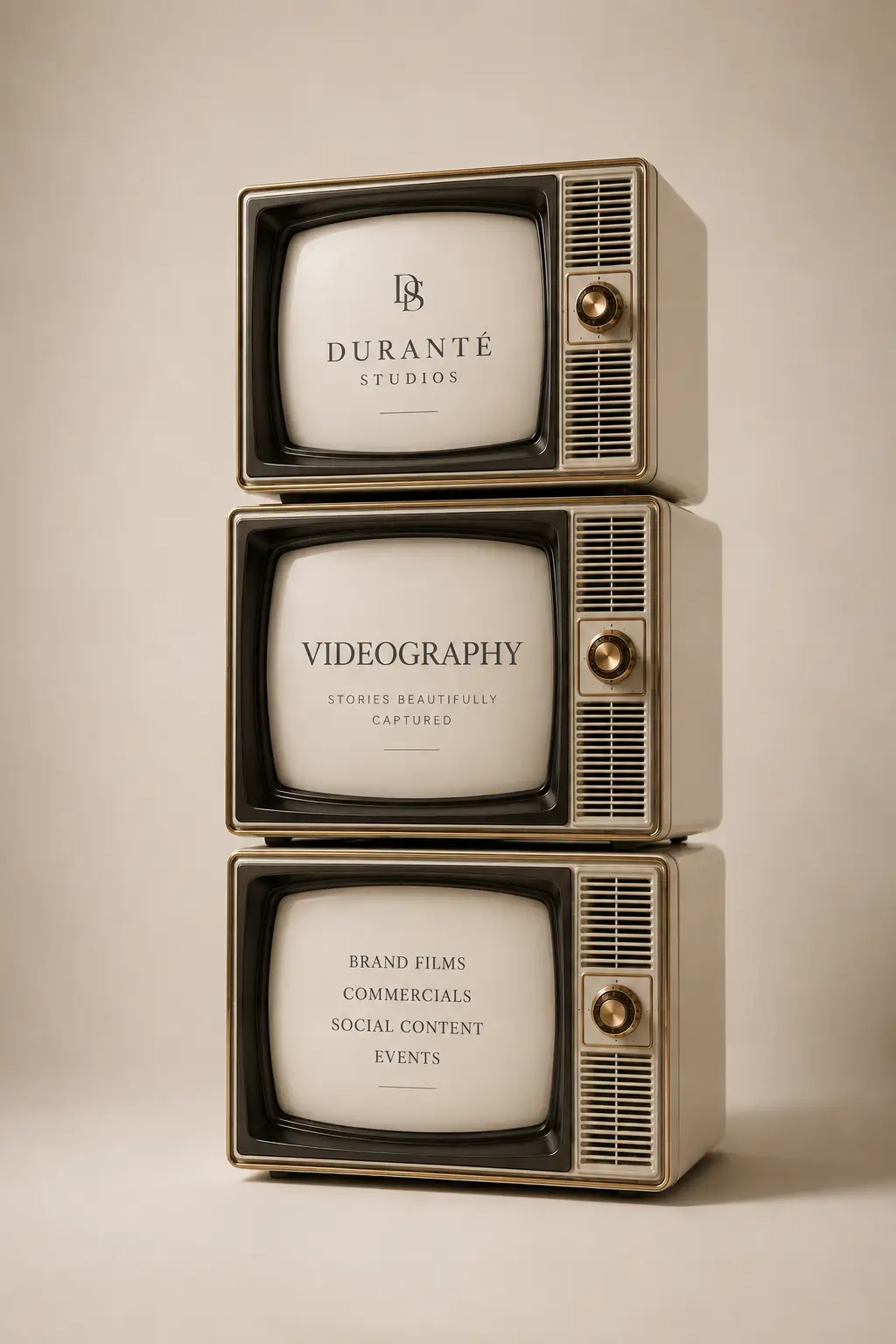 Three vintage television screens displaying branded video content