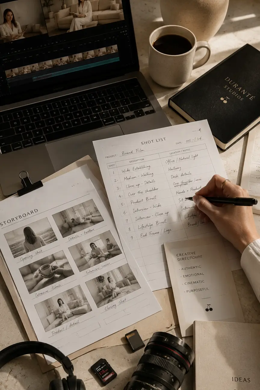 Creative planning materials representing video strategy, scripting, messaging and pre-production