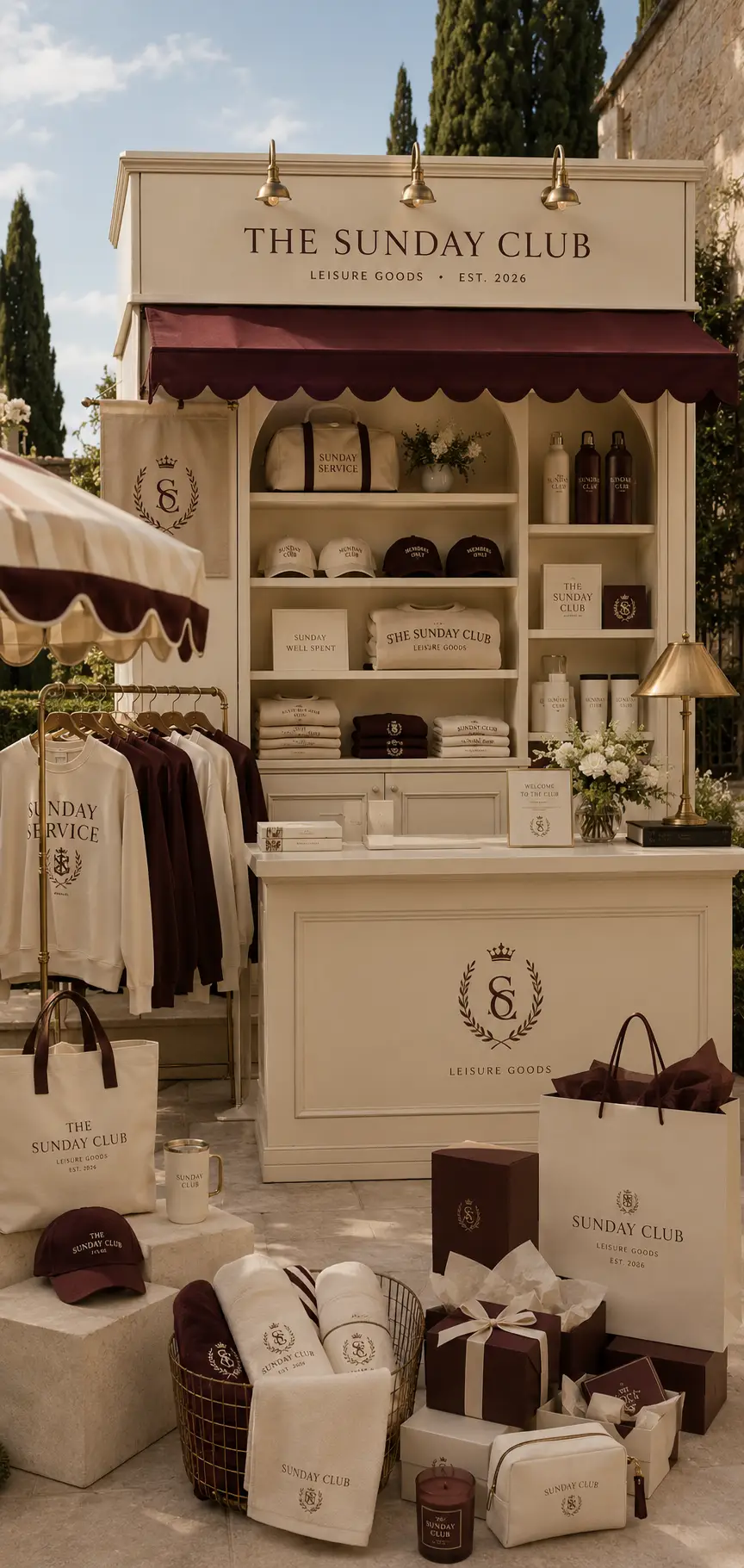 Curated collection of branded apparel, bags and lifestyle merchandise displayed at a luxury resort