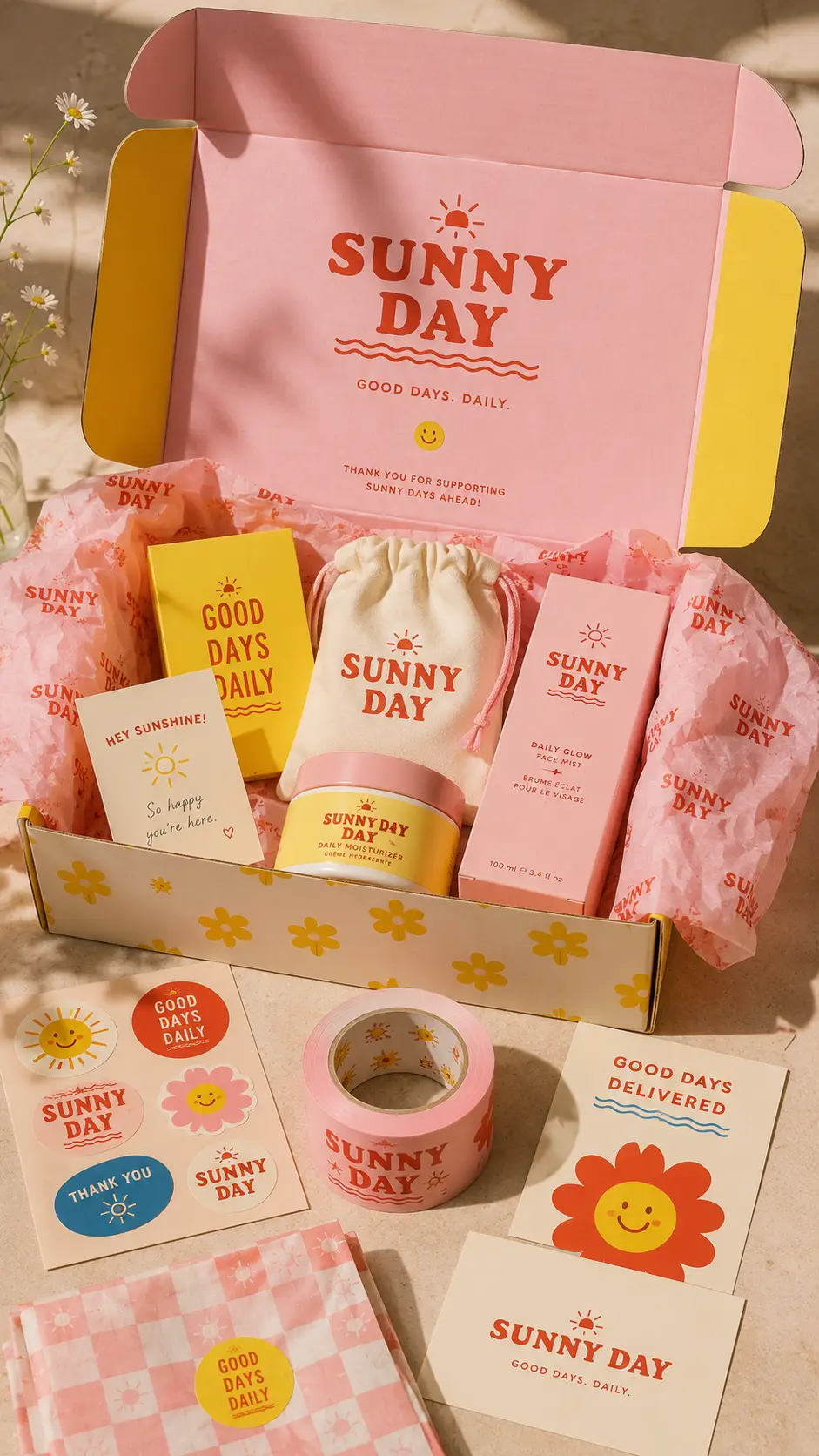 Colourful custom branded gift box with packaging, cards and promotional merchandise for Good Days Daily