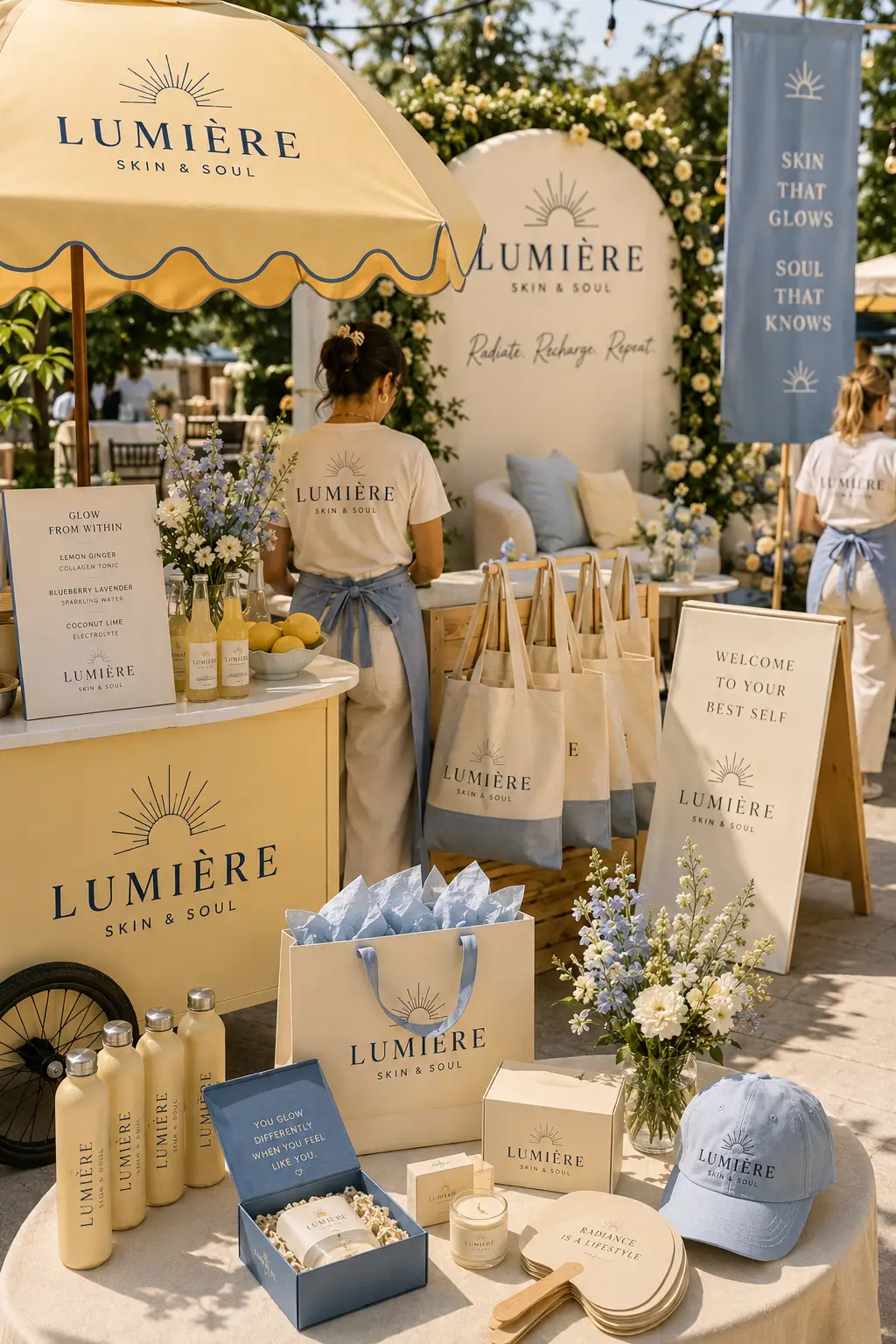 Lumière Skin & Soul event display with tote bags, signage, branded products and promotional merchandise