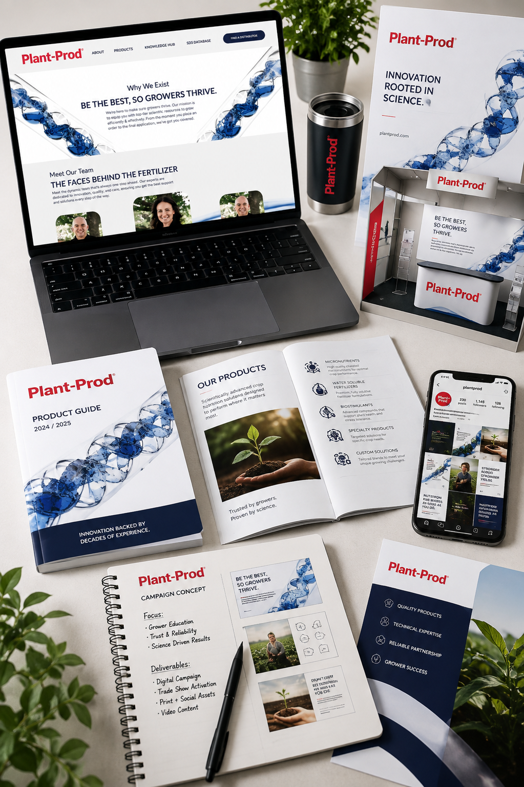 Plant-Prod brand and marketing materials including website, mobile design, product guide and printed collateral