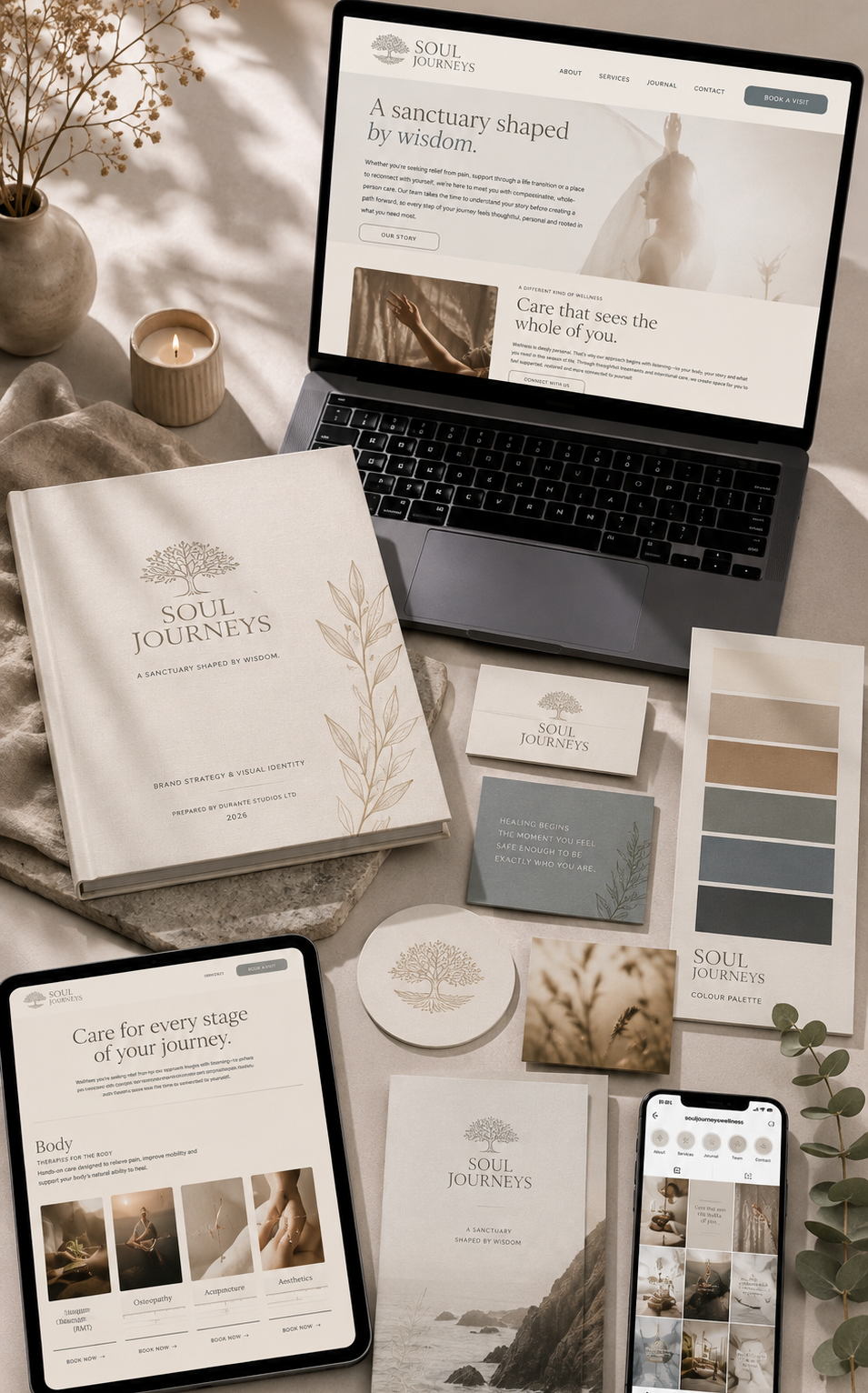 Soul Journeys website and brand materials displayed with printed collateral, colour palette and wellness-focused design elements