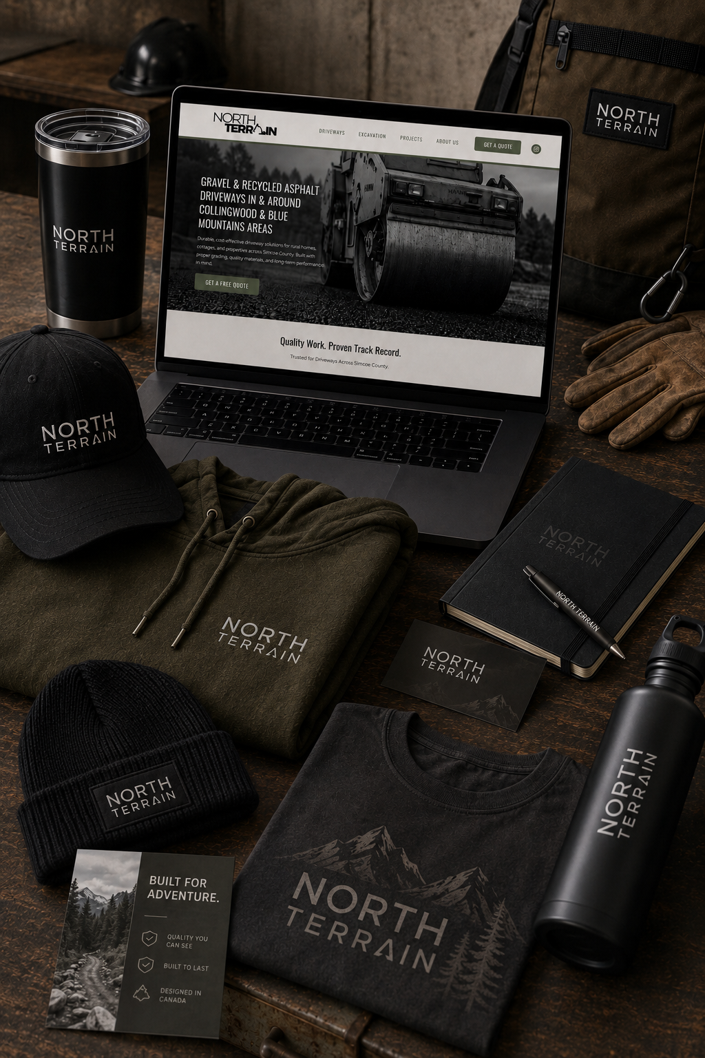 North Terrain website, branded apparel, drinkware and marketing materials shown as part of a cohesive brand system