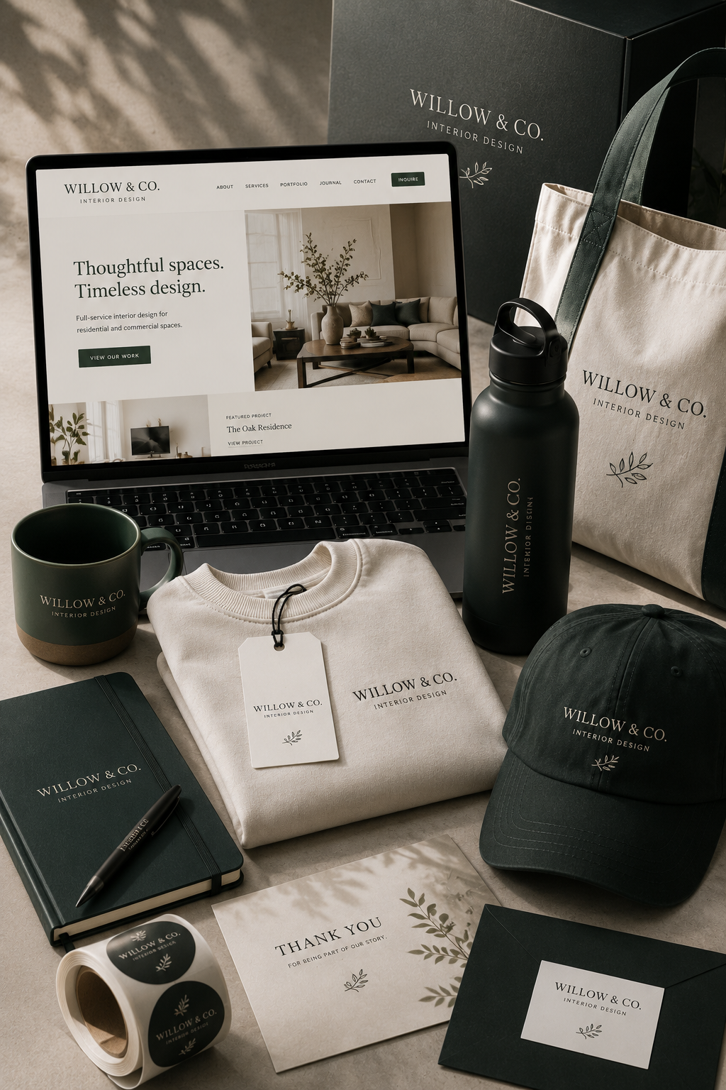 Branded merchandise and custom business products displayed beside a laptop in a styled workspace
