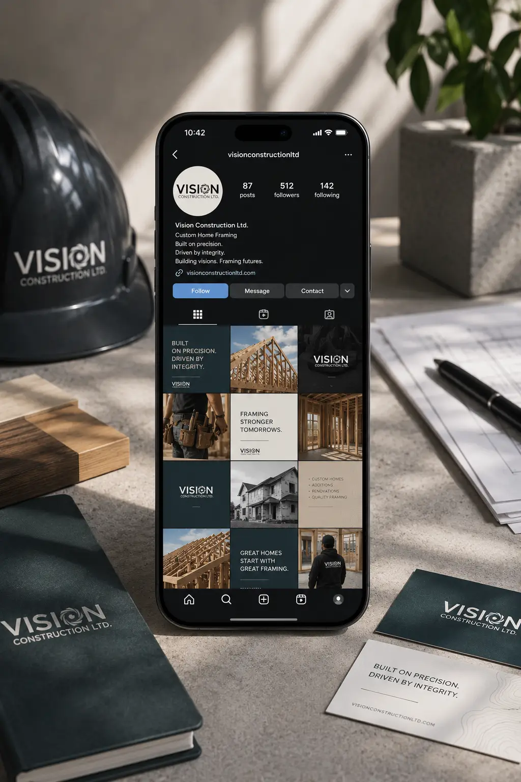 Construction project imagery showing job sites, equipment, craftsmanship and behind-the-scenes work