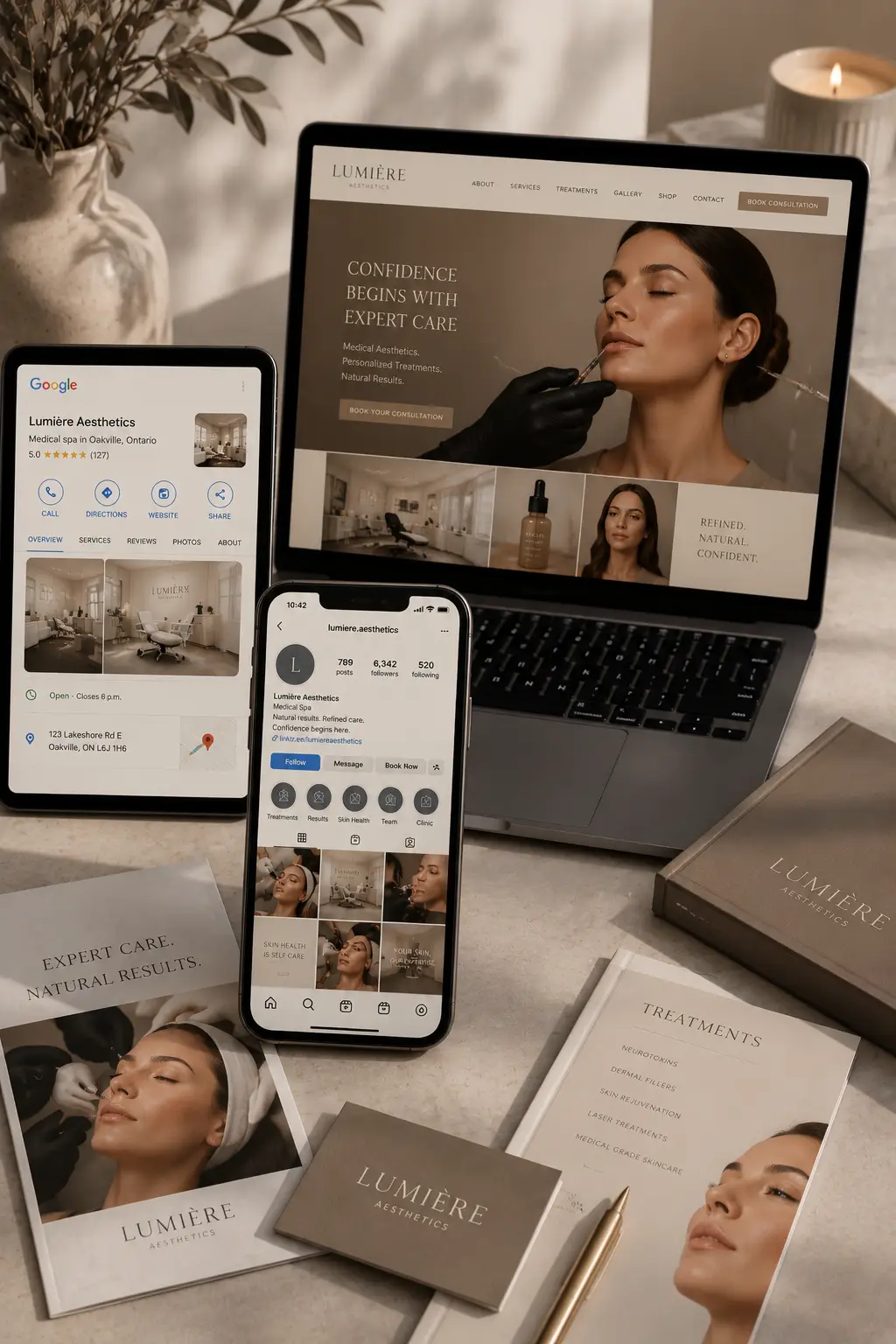 Professional clinic branding image representing trust, consistency and polished content for medical aesthetics businesses