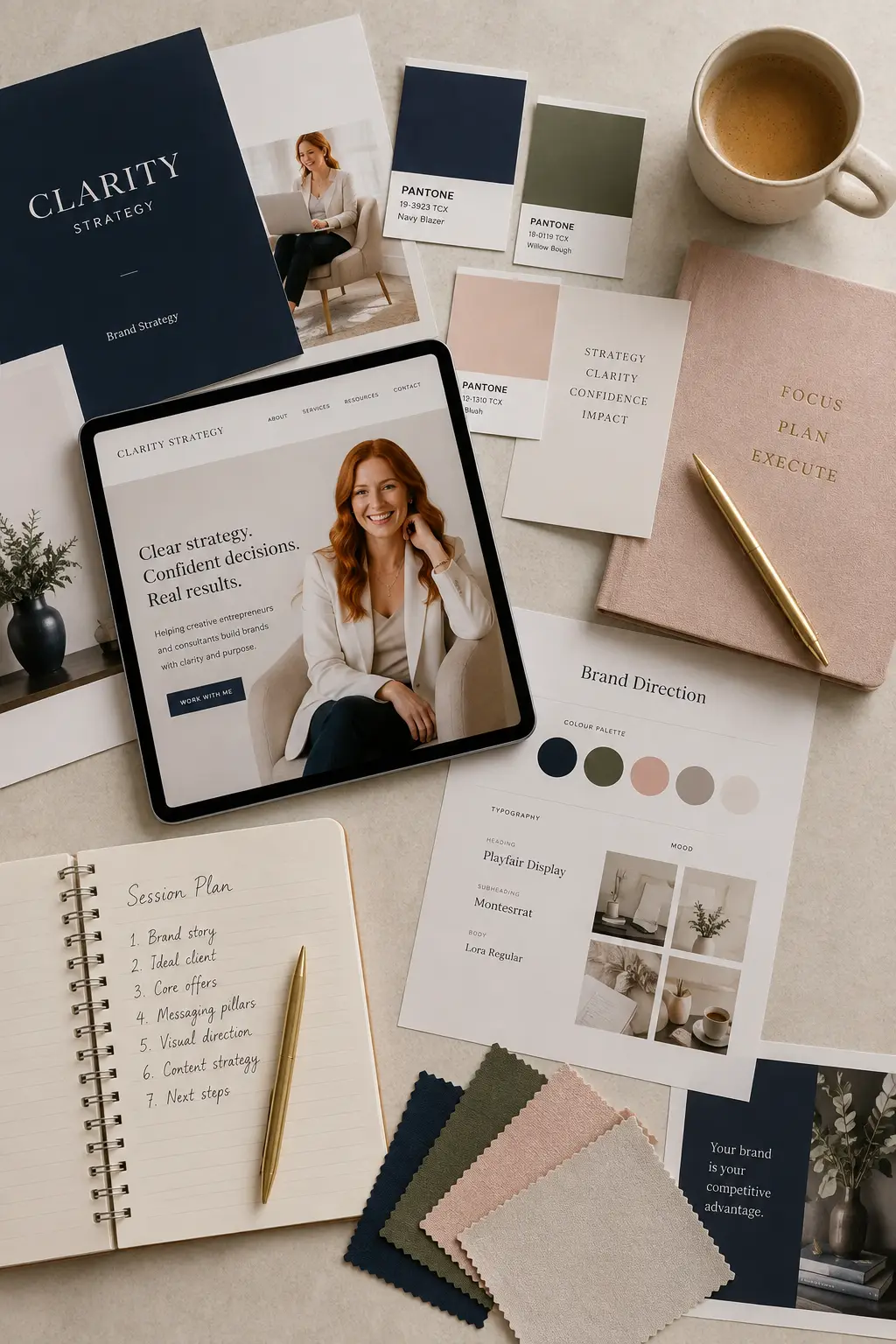 Personal brand strategy materials featuring messaging, visual direction, content planning and positioning for a coach or consultant