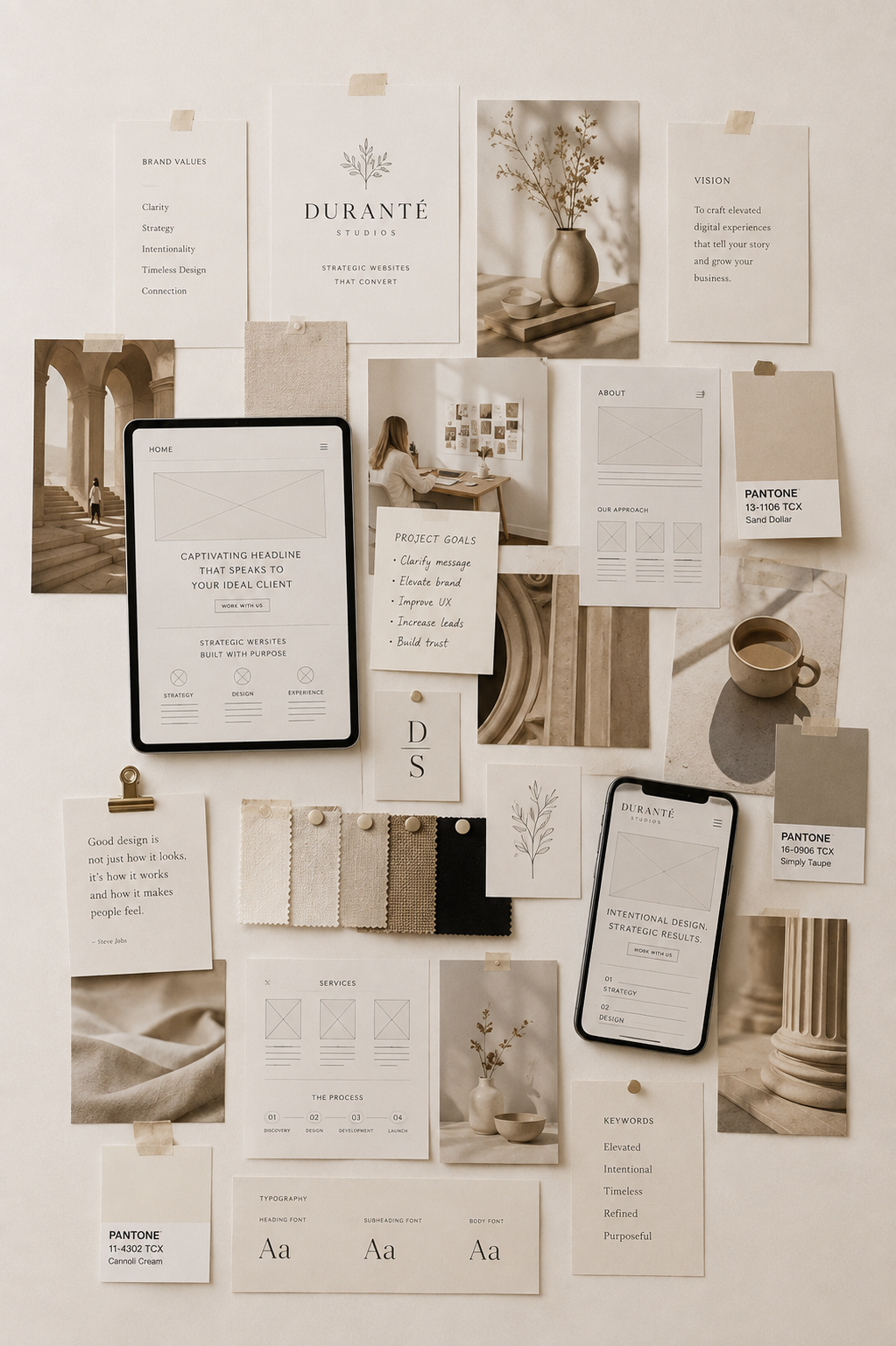 Marketing moodboard with smartphone, printed materials and visual brand inspiration