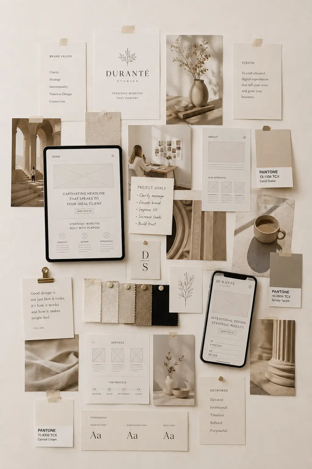 Marketing moodboard with smartphone, printed materials and visual brand inspiration