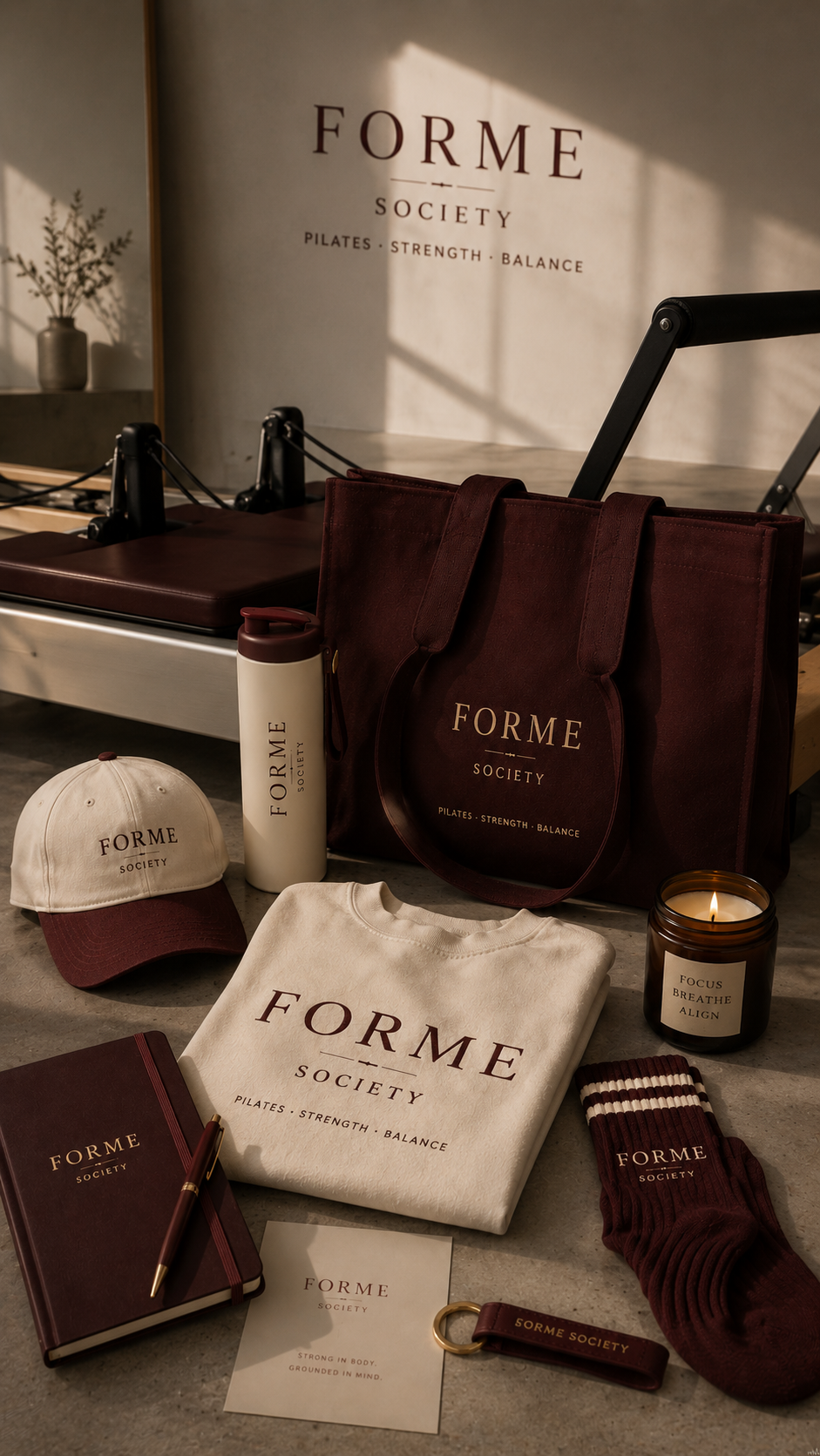 Coordinated Forme Society tote bag, apparel, cap, drinkware and candle in a branded merchandise collection