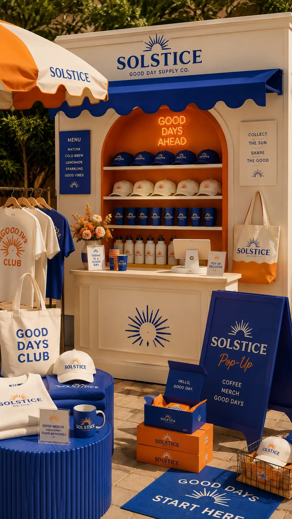 Branded pop-up merchandise display with apparel, hats, tote bags and promotional products